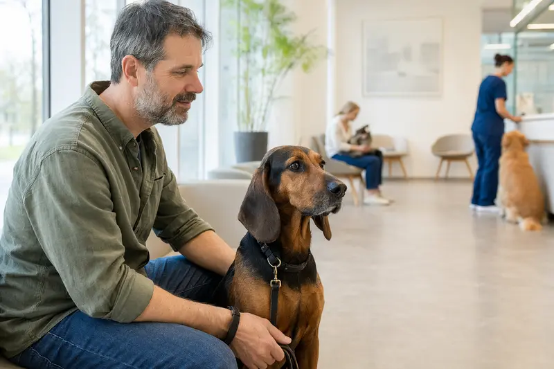 Ein Jura Laufhund sitzt ruhig neben seinem Besitzer im hellen Wartezimmer einer modernen Tierarztpraxis.